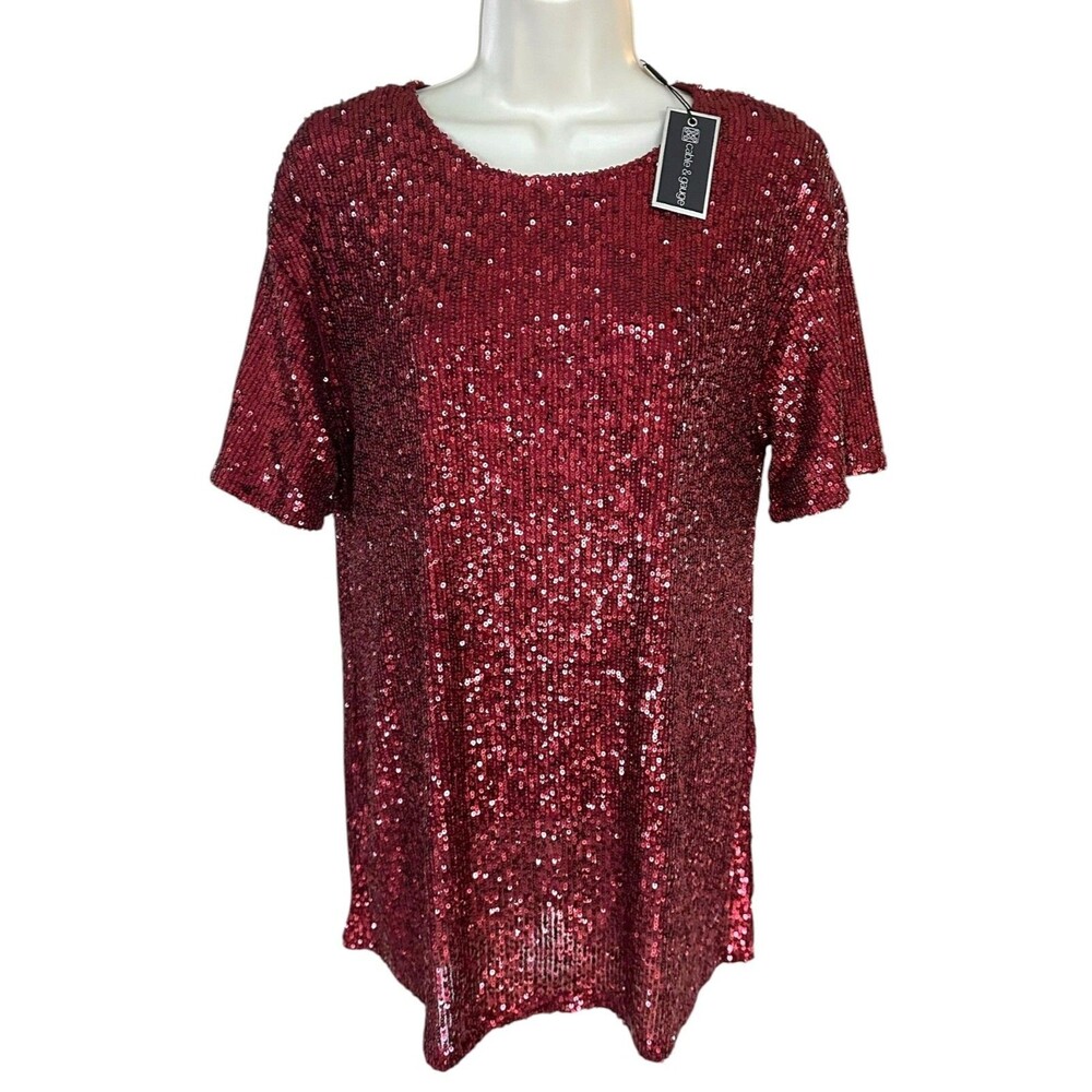 Cable & Gauge Women's Full Sequin Blouse Top Short Sleeve Lined Size S Rio Red